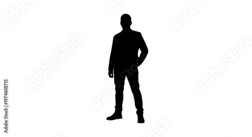 Silhouette of a man in a suit standing with hand in pocket, isolated on white background.