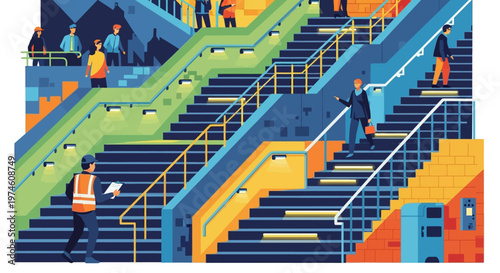 People Ascending and Descending Modern Staircase Structure.