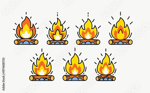 Five campfires burning brightly a row of warm flickering flames