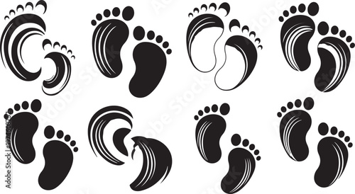 Collection of black footprints with motion lines on white
