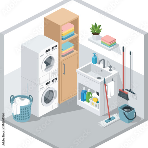 Isometric view of a tidy laundry room with washer, dryer, sink, and cleaning tools
