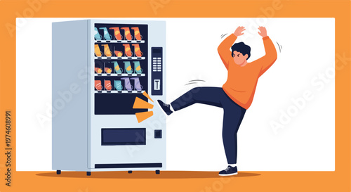 An angry man kicking a vending machine in frustration over a snack or drink issue