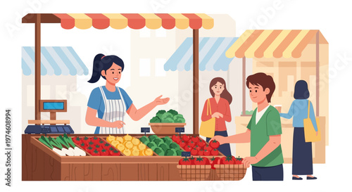 People buying fresh produce at a vibrant outdoor market stall.
