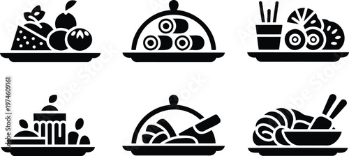 Collection of food icons on white background  various dishes and cuisine types  desserts and main courses