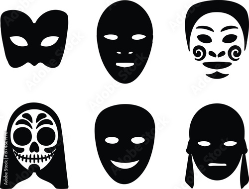 Collection of various black and white theatrical masks  for theater performance or costume design
