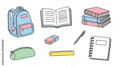 Educational Essentials: A collection of meticulously drawn school supplies, perfectly arranged to ignite the imagination of young learners, capturing the essence of a vibrant learning environment.