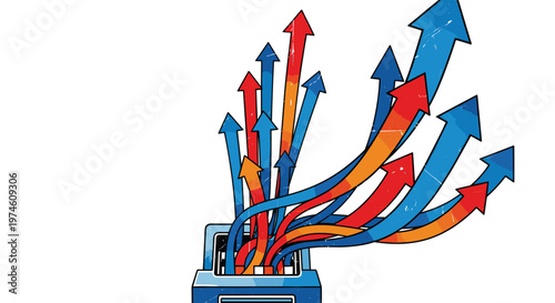 A ticker tape machine, viewed from a lower angle, actively spews a dense cluster of upward-curving red, blue, and orange arrows on a light grey-white background.