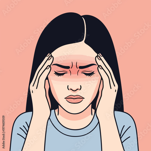 A distressed woman with dark hair holds her head while suffering from a headache