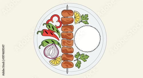 Grilled kebab skewer served on a plate with rice, sliced vegetables, and lemon