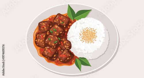 A plate featuring a hearty serving of savory beef chunks with rice and garnish