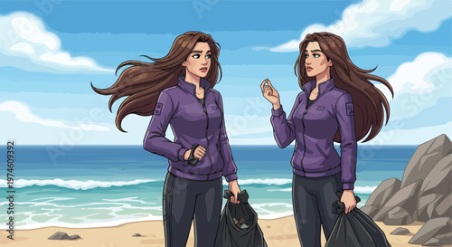 Two women in purple jackets carry trash bags while cleaning up a sunny beach