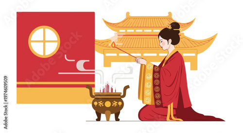 A woman in traditional red robes kneels to burn incense at a temple altar