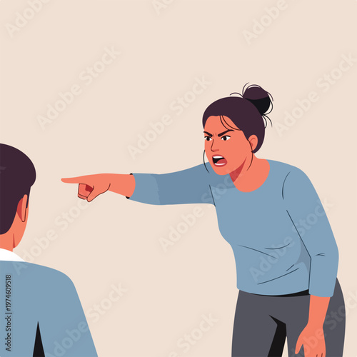 An angry woman with hair in a bun points her finger at a man during a conflict