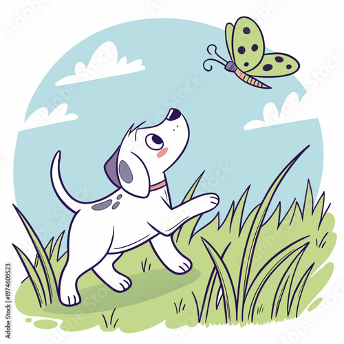 Cartoon dog chasing a green butterfly in a grassy field dalmatian green grass