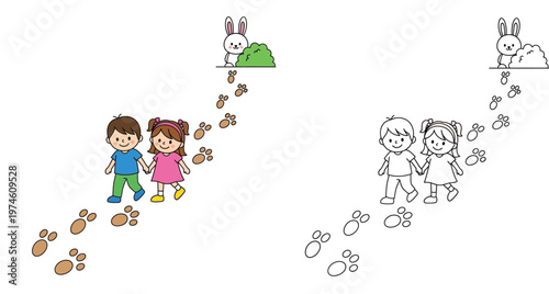 Illustration of a Boy and Girl Holding Hands Following Animal Footprints to Find a Hidden Rabbit, Includes Colored and Line Art Coloring Page Versions for Children's Activities