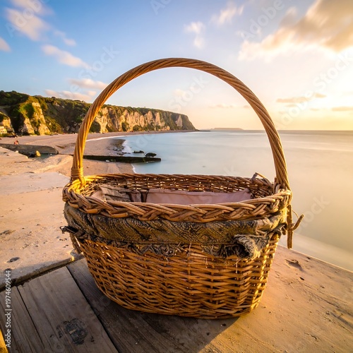 A rustic basket sits on a wooden dock overlooking a serene beach at sunset. The sky is golden, cliffs in background