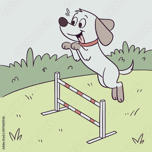 White dog jumping over a hurdle in a field