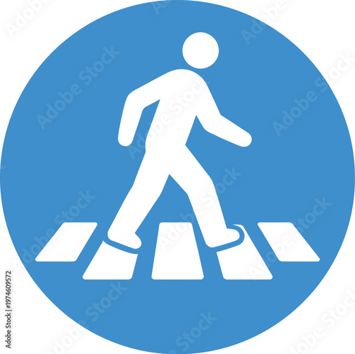 Pedestrian crossing sign vector, blue circular road safety icon, walking person on crosswalk symbol for urban traffic