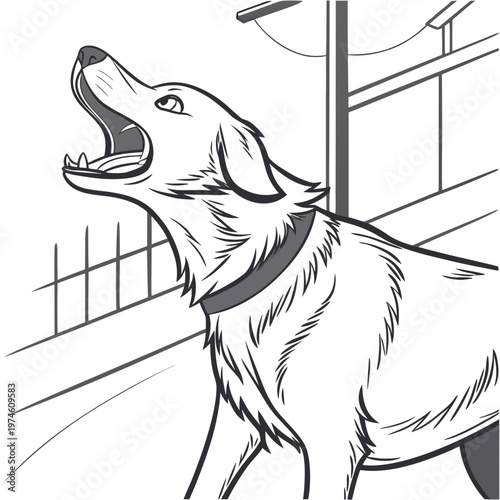Dog howling at the moon in a fenced area black and white cartoon