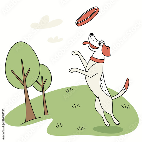 White dog jumping to catch orange frisbee in green field with trees jumping dog
