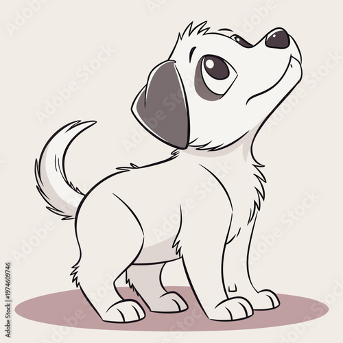 White dog standing and looking up with a happy face