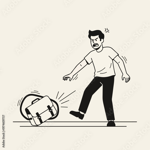 An angry man in a casual outfit kicks a satchel lying on the ground in frustration