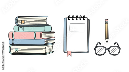 Educational Essentials: A curated illustration of academic essentials, featuring a stack of books, a notepad, a pencil, and eyeglasses, all harmoniously arranged to symbolize learning.