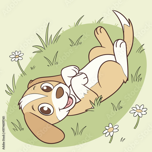 Happy dog rolling on grass with flowers