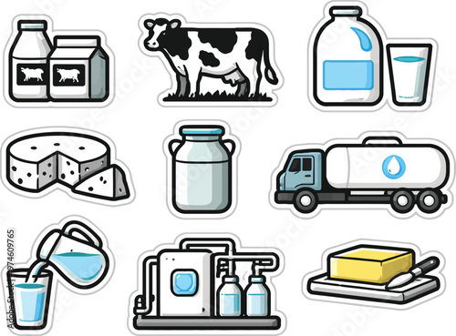 Dairy farm icons set, milk production vector stickers. Cheese and butter dairy products, cattle livestock illustrations