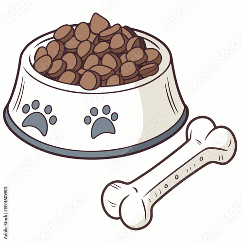 White dog bowl with brown kibble and bone pet food white bowl