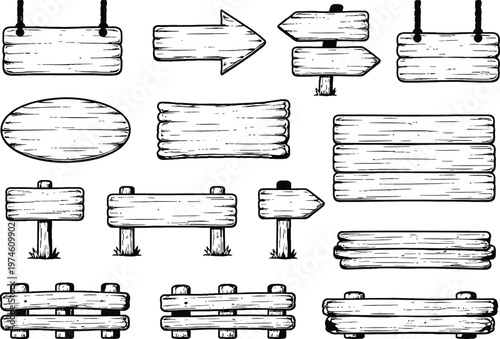 Rustic wooden sign collection, hand drawn wood plank set, vintage timber directional arrows and banners, 14 vectors