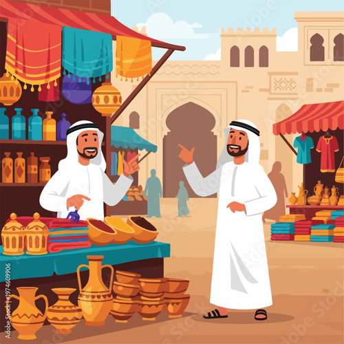 Two men in traditional thobes talk at a bustling Middle Eastern outdoor market