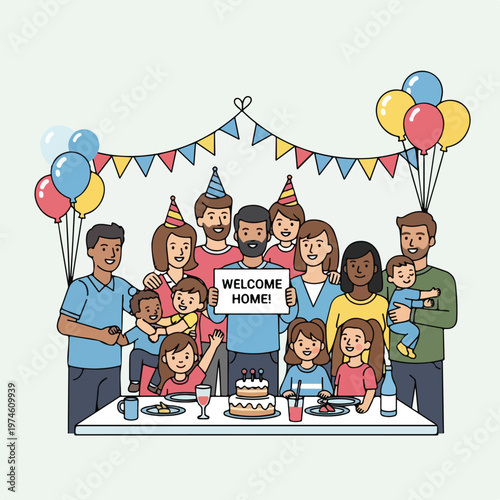 Diverse family and friends gathered at a table with a Welcome Home cake and sign