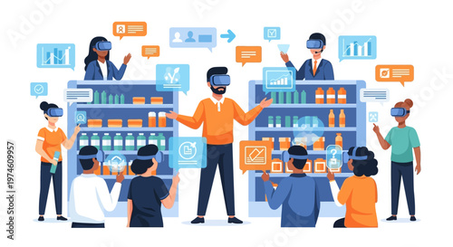 People experiencing virtual reality in a supermarket setting.