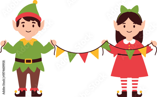 Two cartoon elves boy and girl holding a festive bunting banner