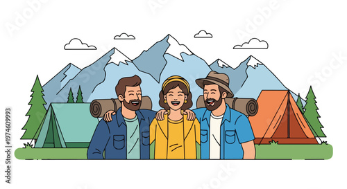 Three smiling friends hiking with backpacks camping near snowy mountain peaks