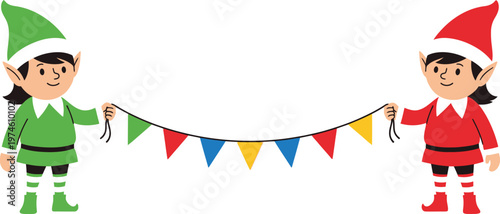 Two cartoon elves holding a festive colorful bunting banner christmas holiday