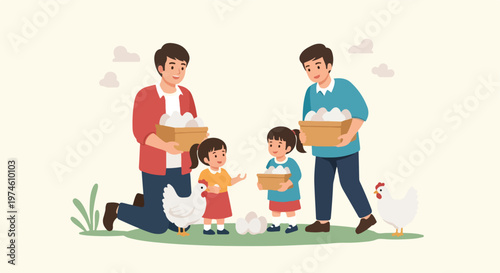 Two adults and two young girls collecting chicken eggs on a rural farm together