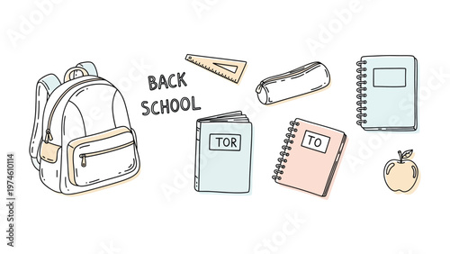 Back to School Essentials: A collection of school supplies, including a backpack, notebooks, and an apple, is arranged, capturing the essence of education and preparation for the academic year.