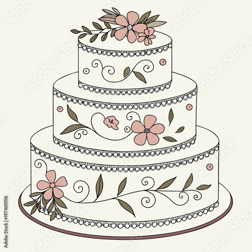 White wedding cake with pink flowers and decorative icing dessert