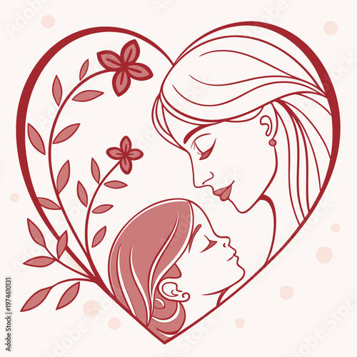 Mother and child heads together cartoon heart line floral