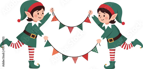 Two cartoon elves holding a festive garland of triangular flags christmas holiday
