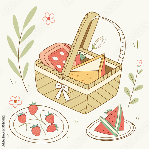 Open picnic basket with food and plate strawberries