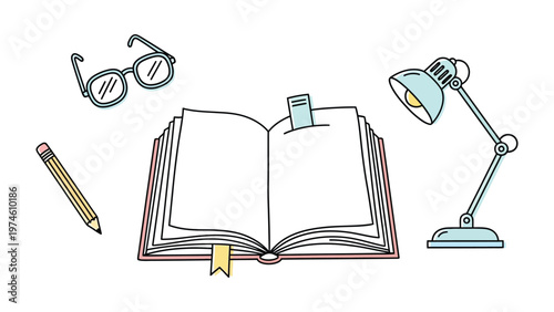 Reading Essentials: An open book sits center stage, flanked by a pencil, a pair of glasses, and a desk lamp, forming the core elements of a studious setup. The scene is meticulously arranged.