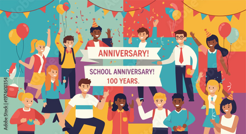 Students and a teacher celebrating a 100-year school anniversary with balloons