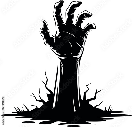 Silhouette of a zombie hand rising from the grave isolated on transparent background vector illustration for Halloween, horror, and spooky design