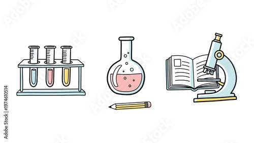 Science Tools Illustration: A collection of essential scientific tools, including a set of test tubes, a beaker, a microscope, pencil, and a reference book.