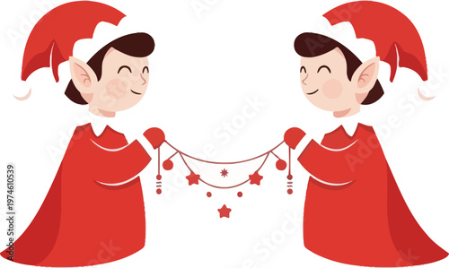 Two cartoon elves in red outfits holding a string of festive star and circle ornaments christmas holiday