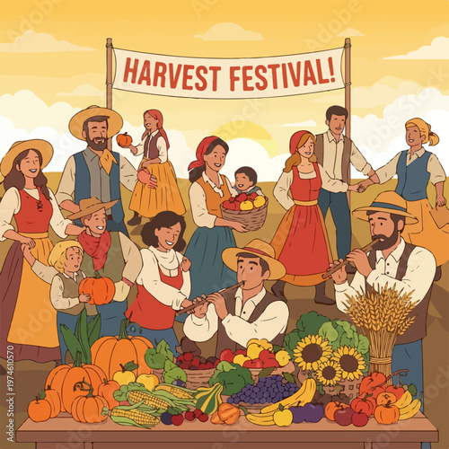A festive rural celebration with people and a bountiful display of fresh harvest