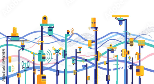 Modern City Streetlights with Digital Network Connections.